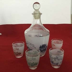 Liquor bottle and 4 glasses. Multicolor. Vintage